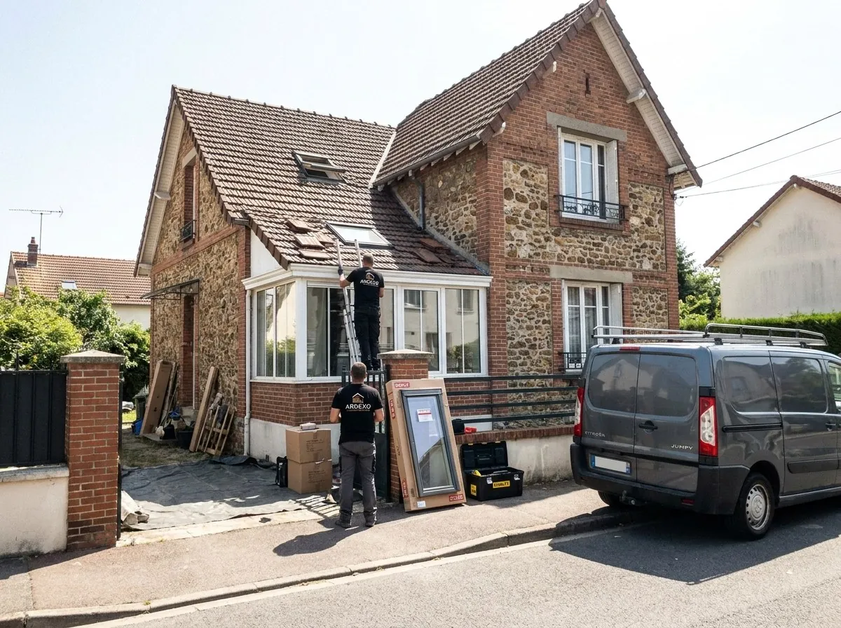 Couvreurs Ardexo à Savigny-sur-Orge : pose d'une fenêtre de toit sur un pavillon en brique et meulière couvert de tuiles plates
